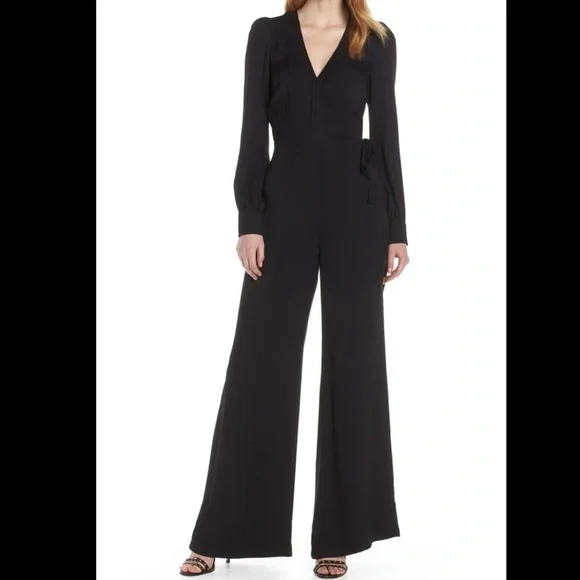 Reformation Molly Black Surplice Wrap Wide Leg long sleeve Jumpsuit Size 6